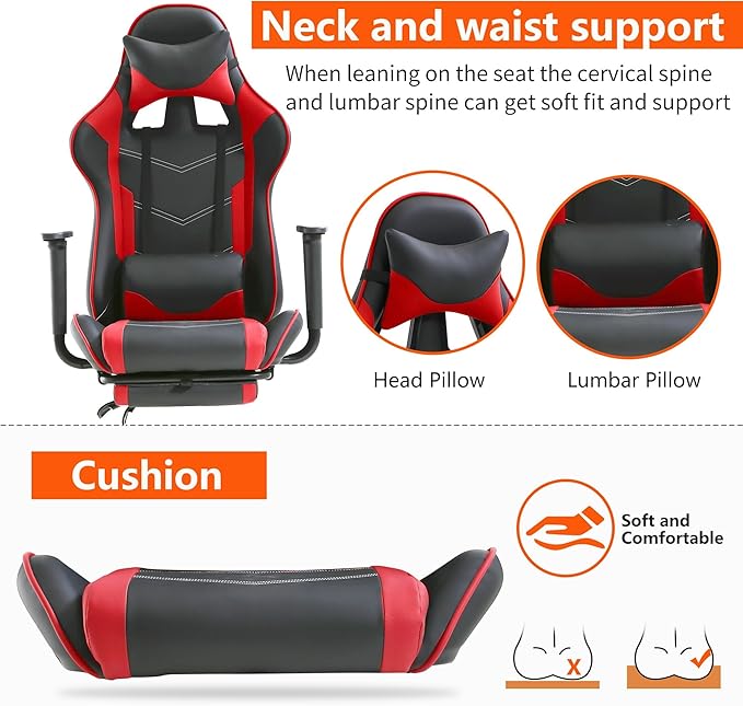 Gaming Chair High Back PU Leather Gaming Chairs Computer Chair with Headrest &amp Lumbar Support Height Adjustable Wide Seat Gamer Chair Gaming Chairs for Adults Game Chair with Footrest &amp Arm
