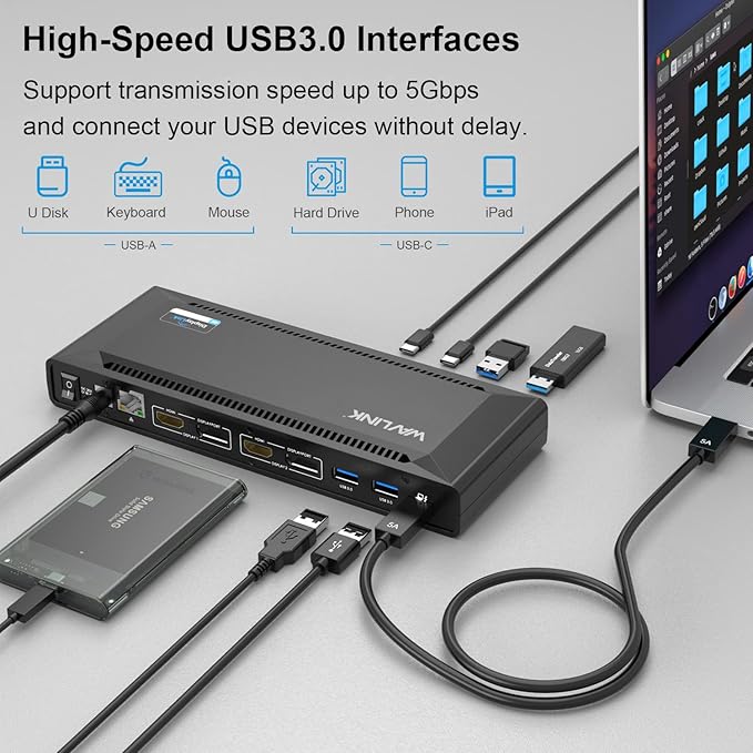 WAVLINK Universal USB C Laptop Docking Station Dual Monitors 5K/4K@60Hz with 65W Host Charging for Thunderbolt 4/3 USB-C Windows Mac M1-M5/Macbook Neo Chrome (2HDMI+2DP) 6USB 3.0 1Gbps Ethernet