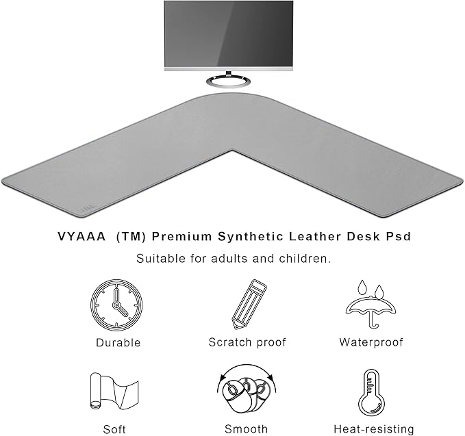 Vyaaa L-Shaped Leather Desk Pad ProtectorLarge Gaming Mouse PadOffice and Home Desk Mat 51 x 51 x 15.7 Inch Light Gray