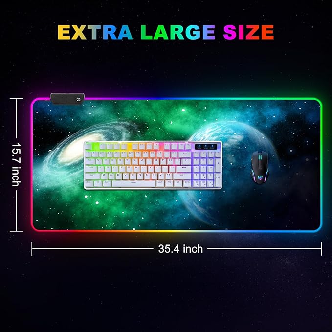 ARTSO Large RGB Gaming Mouse Pad Led Big Mouse mat with 14 Light Modes Extended Soft Computer Keyboard Mat Non-Slip Rubber Base Green Planet Nebula