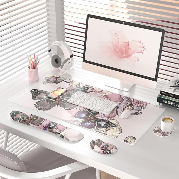 QIYI Leather Desk Mat Set 4-in-1 Large Mouse Pad with Wrist Rest Non-Slip Desk Pad + Keyboard Wrist Rest + Mouse Wrist Support + Coaster Office Desk Accessories Home Decor Supplies Butterflies