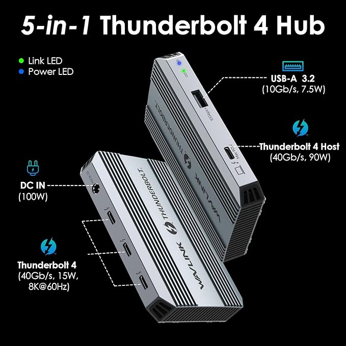 Thunderbolt4 Hub Dual Monitor WAVLINK Thunderbolt4 Hub with 3* Thunderbolt 4 Port 100w PD in USB-A 10Gb for MacBook Pro/Air M1 M2 M3 Thunderbolt 4/3 Laptop
