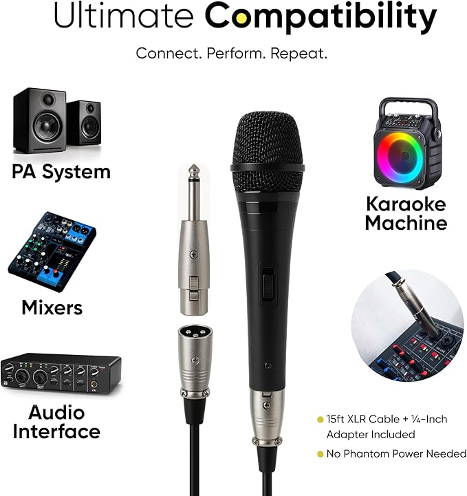 Bowens Dynamic Microphone 2-Pack – Wired Handheld XLR Mics with 15ft Cables Professional Vocal Microphones for Singing Karaoke Podcasting PA Systems and Studio Recording Microfono