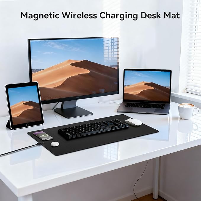 Wireless Charging Mouse Pad 15W Fast Charge Magnetic Charger Desk Pad Large Office Desk Mat (23.4x15.6) with Ultra-Smooth Surface Black Computer Mousepad for MacBook PC Laptop