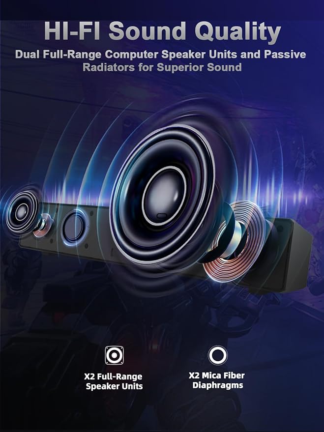 Computer Speakers 24W Bluetooth Computer Soundbar 3.5mm Aux-in Computer Speakers for Desktop Monitor Computer Sound Bar with Deep Impactful Bass Gaming Speakers for PCLaptopTablet