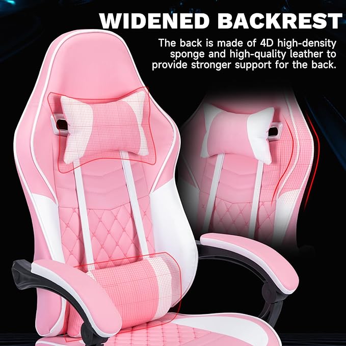 Gaming Chair with Massage Lumbar Support and Retractable Footrest Racing Style Ergonomic Design Features Adjustable Headrest and High Back Support for Extended Gaming Sessions (Pink)