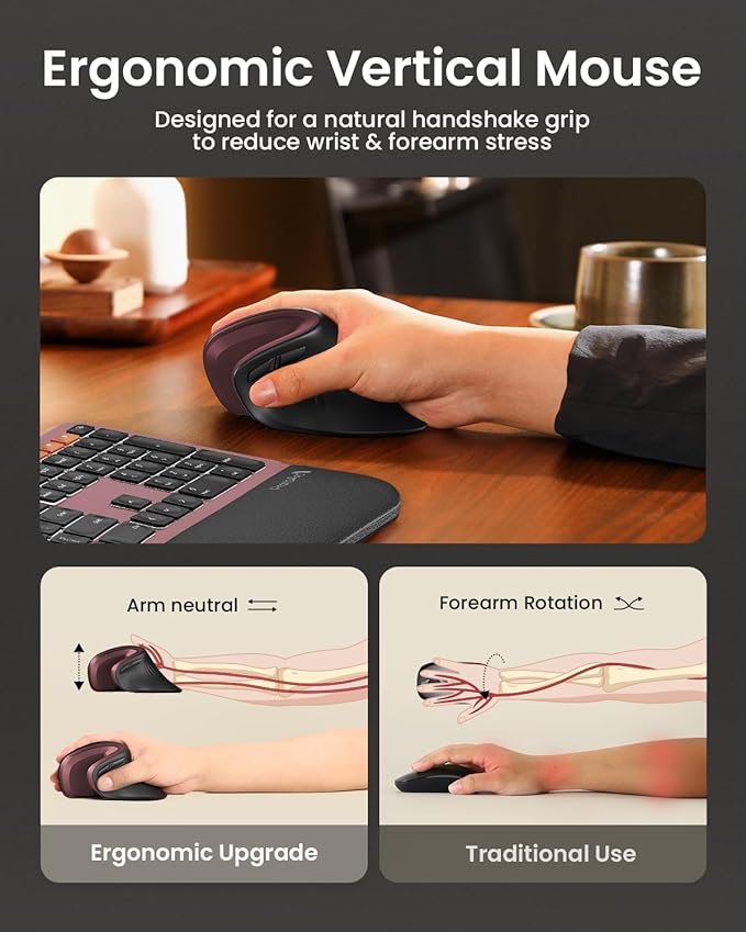 ProtoArc Ergonomic Mouse EM11 NL Bluetooth Rechargeable Wireless Vertical Mouse 3 Multi-Device Connectivity for Computer/PC/Laptop 2.4GHz USB-A Optical Mice for Windows Mac OS Wine Red