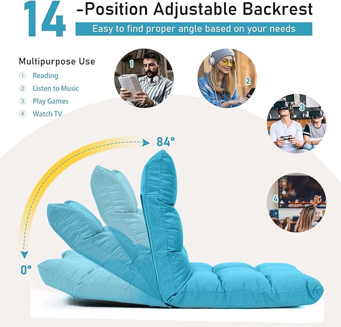 MAT EXPERT 14-Position Floor Chair Floor Gaming Chair w/Resilience Sponge Alloy Steel Frame Padded Bed Couch Recliner Floor Chair with Back Support for Reading Meditating (Peacock Blue)