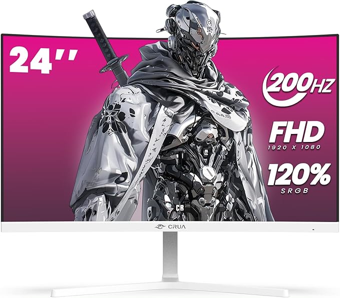 CRUA 24 Curved Gaming Monitor 165Hz/200Hz Computer Monitor FHD 1920x1080 120% sRGB AMD FreeSync Blue Light Filter for Gaming &amp Office Wall Mountable- White