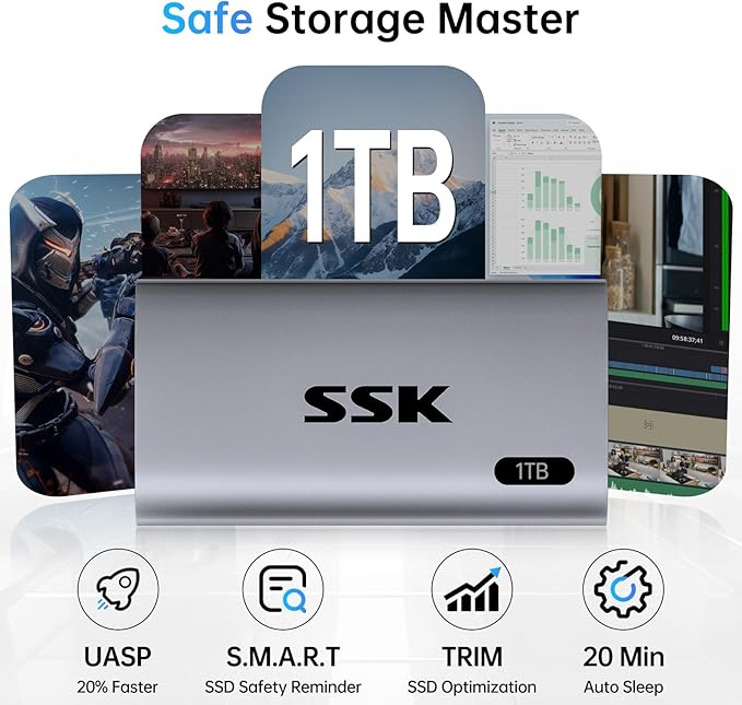 SSK 1TB SSD External Hard Drive Portable SSD Up to 550MB/s Fast Solid State Drives External Drive USB 3.2 Gen2 for iPhone 15/Pro Windows Mac Android with LED Light Trim SMART Supported