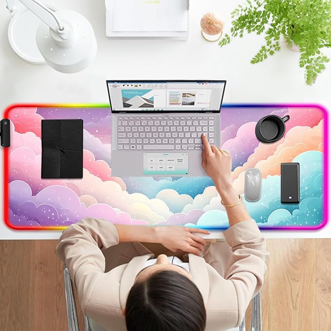 RGB Dreamy Colorful Cloud and Star Gaming Desk Mat Computer Keyboard Large Extended Long Girly LED Mouse Pad for Office and Home XL (W08)