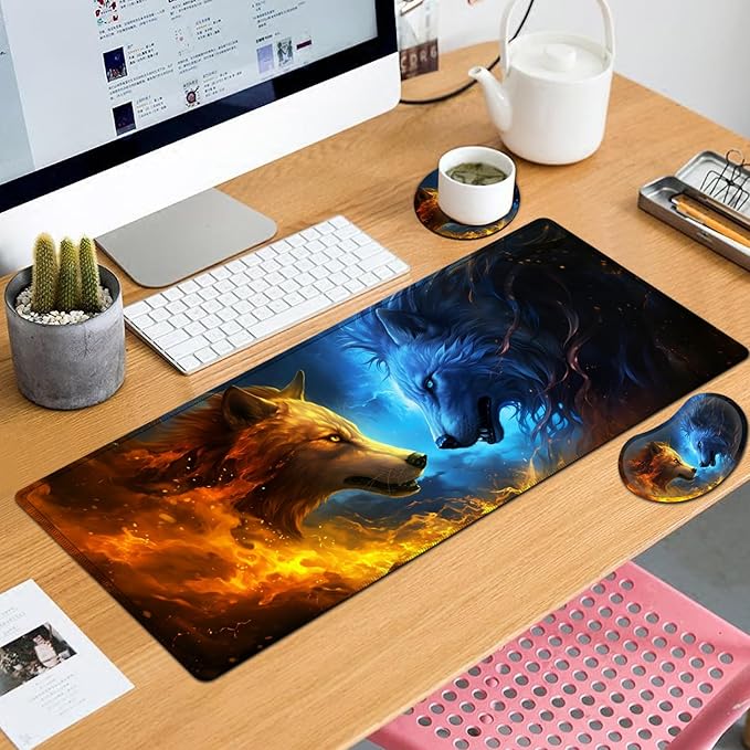 Large Mouse Pad with Mouse Wrist Rest 31.5x11.8 in Extended Mouse Mat with Non-Slip PU Base Ergonomic Memory Foam Wrist Rest for Work &amp Gaming Writing Pad Fire and Ice Wolf Office Desk Pad