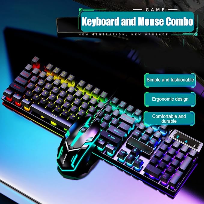 Keyboard and Mouse Combo RGB LED Backlit Gaming 104 Keys Wired USB Keyboards with Ergonomic Gaming Mouse for PC Computer Desktop(Black)
