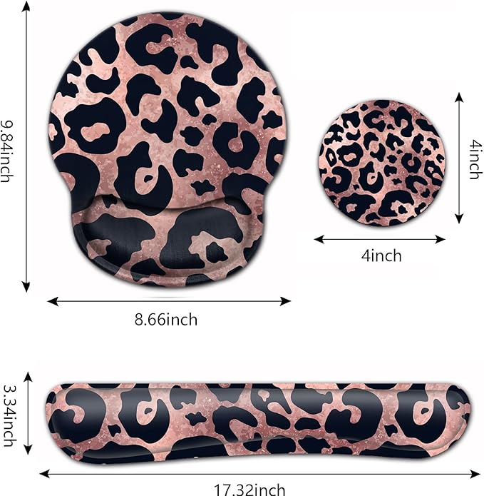 Ergonomic Mouse Pad Gel Wrist Support and Memory Foam Keyboard Wrist Rest Set for Gaming Computer Office Laptop Easy Typing Wireless Mouse Mat Black Leopard Rose Pink Pattern Office Desk Pad