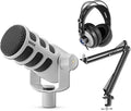 Rode PodMic Cardioid Dynamic Broadcast Microphone (White) with StreamEye Cans50 Monitoring Headphones Microphone Boom Arm and XLR Cable