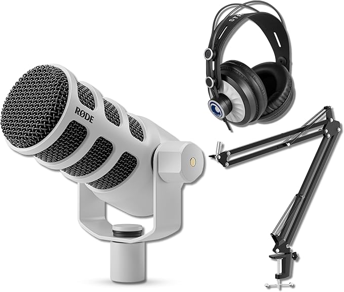 Rode PodMic Cardioid Dynamic Broadcast Microphone (White) with StreamEye Cans50 Monitoring Headphones Microphone Boom Arm and XLR Cable