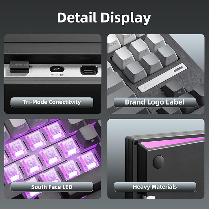 ZORNHER ZH870 Wireless Mechanical Gaming Keyboard80% Black Custom Creamy Sound Keyboard with Shine Through PBT KeycapsPre-lubed Linear SwitchesHot-SwappableRGB Backlit2.4GHz/USB-C/BT5.0