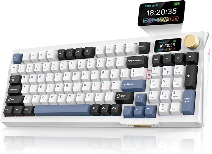RedThunder K95 Wireless Mechanical Keyboard TFT Screen &amp Knob Tri-Mode BT5.0/2.4GHz/USB-C Hot Swappable Custom Pre-lubed Linear Switches Gasket Structure RGB Gaming Keyboard Snowy White-Blue