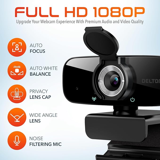 Delton C24 USB Webcam with Microphone HD 1080p Wired Webcam 2 Megapixels Wide Field of View Auto Focus Noise Canceling Mic USB Computer Camera Compatible with Computer/Laptop/iMac - Black