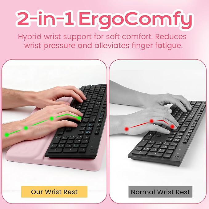 Keyboard Wrist Rest with Ergonomic Height - Computer Keyboard Stand &amp Soft Cushioned Pad for Wrist Pain Relief - Non-Slip Typing Support for Office Gaming &amp Home (Pink)