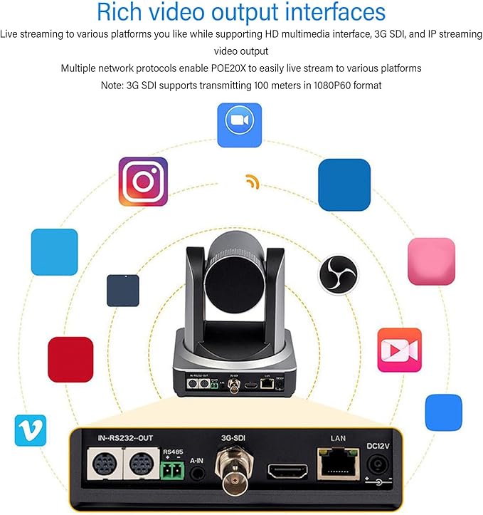 Yoidesu PTZ Camera with 20x Optical Zoom POE with Network IP Live Streaming Simultaneous 3G - SDI and USB Video Output Camera for Conferences Church (US Plug)