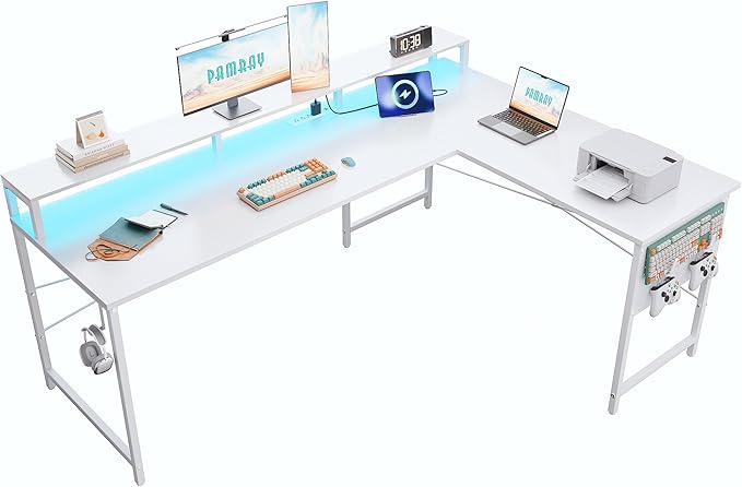 Pamray 64 Inch L Shaped Gaming Desk with Power Outlets and Led Lights Large Corner Computer Desk with Monitor Stand and Pegboard PC Table for Home Office and Bedroom White