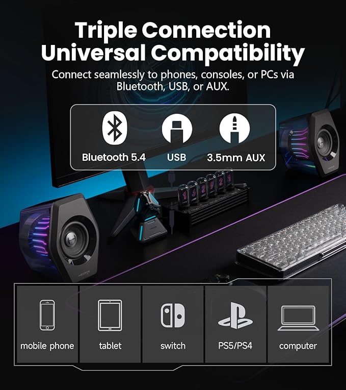 Edifier G2000 Pro 2.0 RGB Gaming Speakers with 64W Peak Power Virtual 7.1 Surround Sound 270° TempoFlow Light Sync Bluetooth 5.4/USB-C/AUX for PC PS5 Game Console (Black)