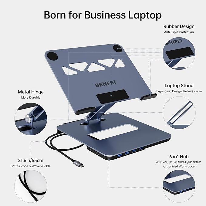BENFEI Laptop Stand with USB C 6in1 Docking Station HDMI 4K@60Hz 4*USB3.0 100W PD Compatible with MacBook Pro/Air iPad Pro XPS Thinkpad