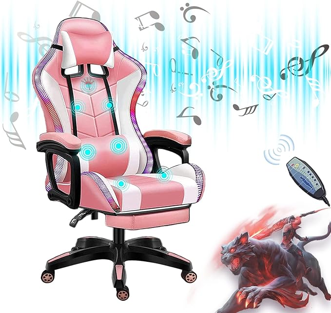 Gaming Chair for Adult with Footrest and Massage Video Game Chair with Speakers and RGB LED Lights PU Leather Ergonomic Racing Computer Chairs with Lumbar Support and ArmrestPink