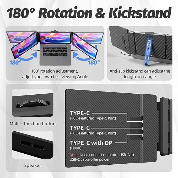 2K Laptop Screen Extender - 13 IPS 1440P Triple Screen Laptop Monitor Extender Plug &amp Play Multi Screen Attachment for 13-17 Laptops Compatible with Wins Mac Dex Chrome Travel Gaming Work