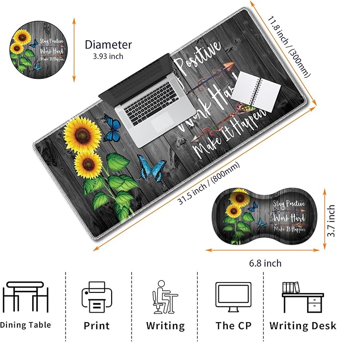 Durable Desk Mat + Wrist Rest Pad + Coasters Set Large Gaming Office Mouse Pad 31.5 x 11.8 Extended Non-Slip Rubber Keyboard Pad Laptop &amp Home Sunflower Inspirational Quote