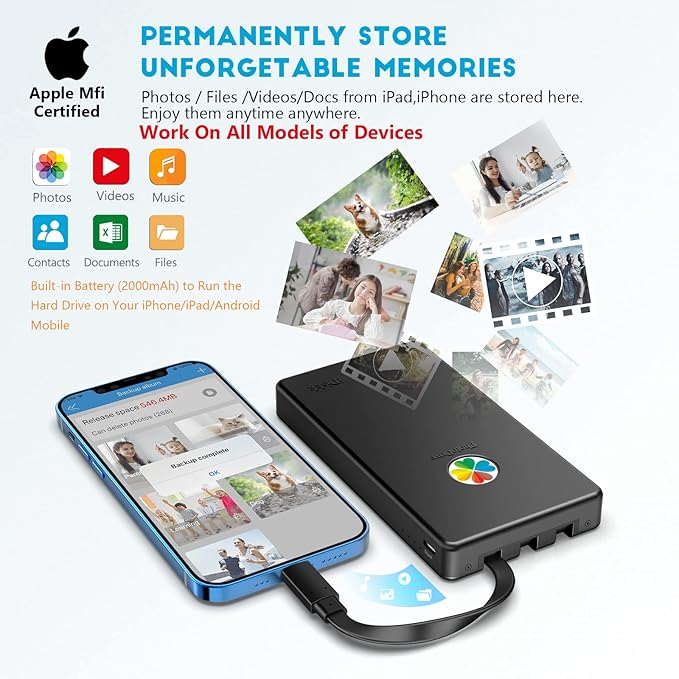 iDiskk [ Slivery + Black 2TB App-le Certified External Hard Drive for iPhone 1615 &amp iPad Android Mobile 2TB Photo StickMacBook and PC