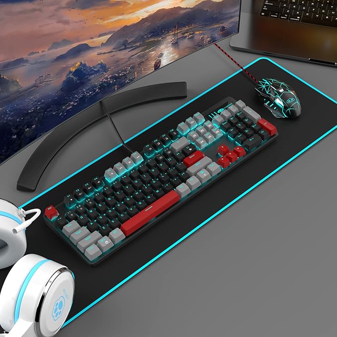 MageGee Mechanical Gaming Keyboard 104 Keys Blue Backlit Keyboards with Red Switches Double-Shot Keycaps USB Wired Mechanical Computer Keyboard for Laptop Desktop PC Gamers(Gray &amp Black)