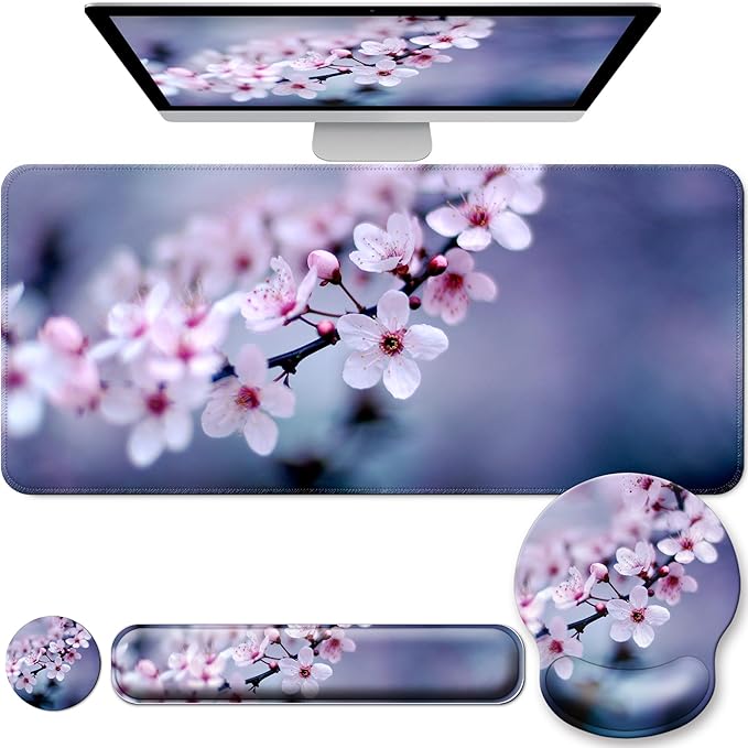 Desk Mat Set + Keyboard and Mouse Pad with Wrist Rest Support4-in-1 Large Mousepad Computer Mats for Desktop Home &amp Office-Cherry Bloosom