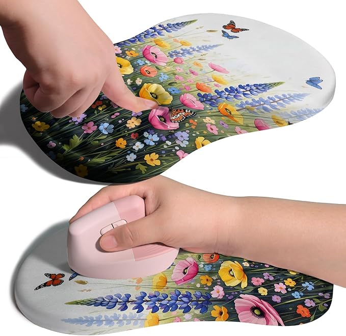 Ergonomic Joint Wrist Support Mouse Pad with Memory Foam Cushion Massage Bump Carpal Tunnel Pain Relief Mousepad Slope Design for Wrist Rest 11.8x7.9 in Wild Flower