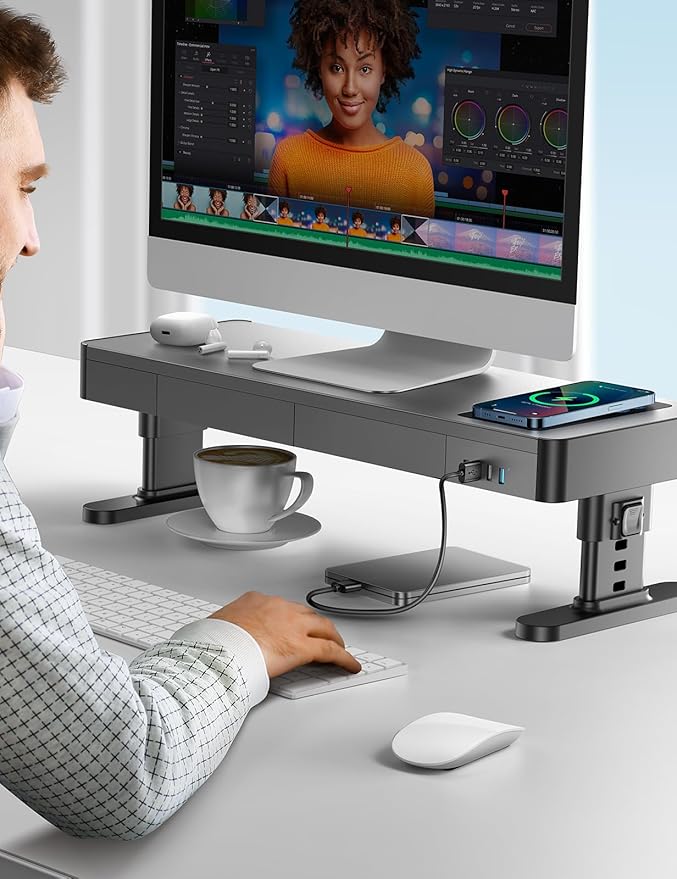 meatanty Monitor Stand Heights Adjustable Computer Riser with Auto Phone Charger 4 USB Ports Hub and Drawer Storage Metal Desktop Organizer Lifter Shelf for PC Screen Studio Display Office Gaming
