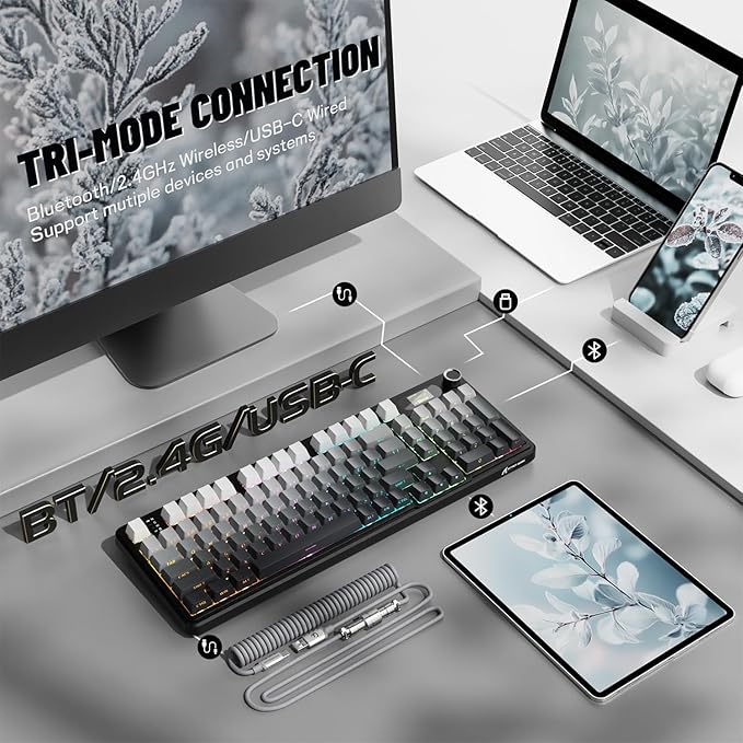 ATTACK SHARK X98PRO Wireless Mechanical KeyboardMulti-Function Knob&ampTFT ScreenTri-Mode BT/2.4G Hz/USB-C Wired KeyboardHot-Swappable RGB Backlit4000mAh Cloud Drivefor Win/Mac/Linux-Moonlit Nig