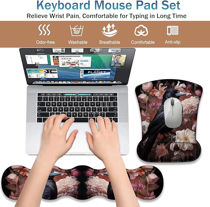 Ergonomic Keyboard Wrist Support Pad and Wrist Support Mouse Pad Anti-Slip with Gel Memory Mouse Pad Set Suitable for Office Use/Home Use - Magpie Peony Bird Flowers