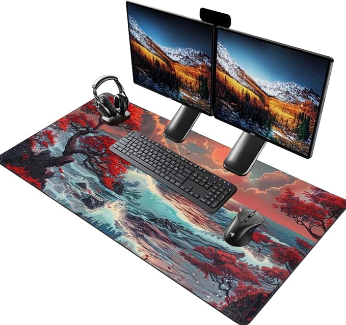 Japanese Desk Mat - 48 x 24 Inches - Sea Wave Extended Big Mouse Pad LargeXXXL Gaming Mouse Pad Desk Pad with 3mm Non-Slip Base and Stitched Edge for Home Office WorkFantasy Artwork Style