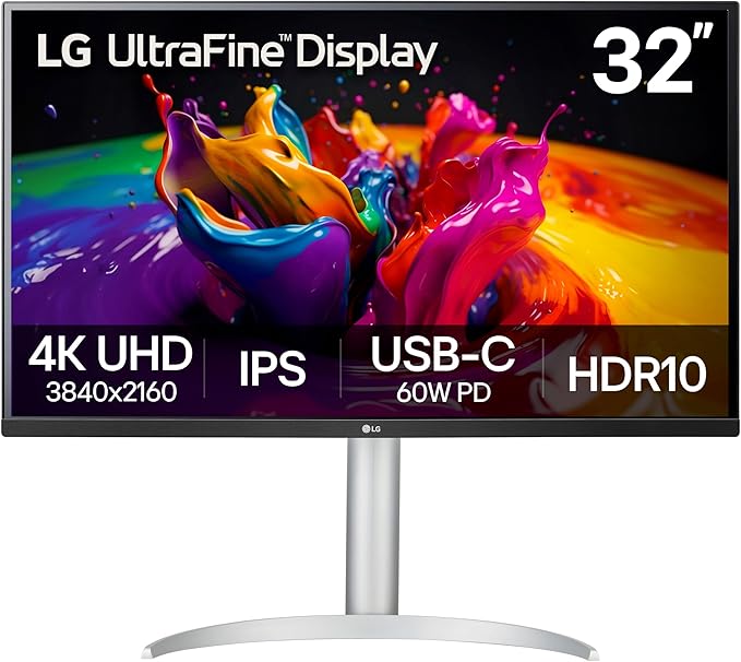 LG 32UP83AK-W 32-inch Ultrafine 4K UHD (3840 x 2160) IPS Computer Monitor 60Hz HDR10 Built-in Speaker Reader Mode HDMI DisplayPort USB Type-C 60W PD Tilt/Height/Pivot Adjustable Stand White