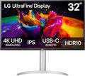 LG 32UP83AK-W 32-inch Ultrafine 4K UHD (3840 x 2160) IPS Computer Monitor 60Hz HDR10 Built-in Speaker Reader Mode HDMI DisplayPort USB Type-C 60W PD Tilt/Height/Pivot Adjustable Stand White