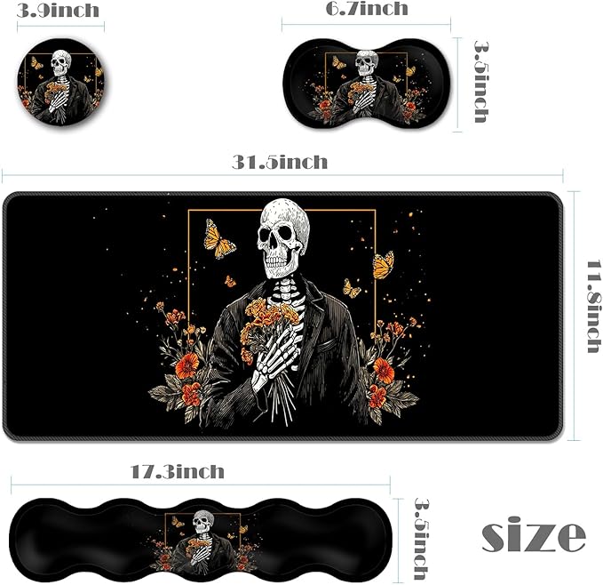 Ergonomic Keyboard Wrist Rest &amp Mouse Pad Wrist Rest SetXL Gaming Desk Mat 31.5x 11.8Non-Slip BaseMemory FoamEasy Typing Pain Relief for Office &amp HomeSkull with Orange Flowers