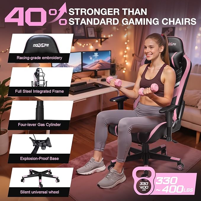 Douxlife 7-Point Massage Gaming Chair with Footrest 400lbs Heavy Duty Ergonomic Computer Chair 175° Reclining High Back Racing Seat for Adults with Adjustable Armrests &amp Lumbar Support Black Pi