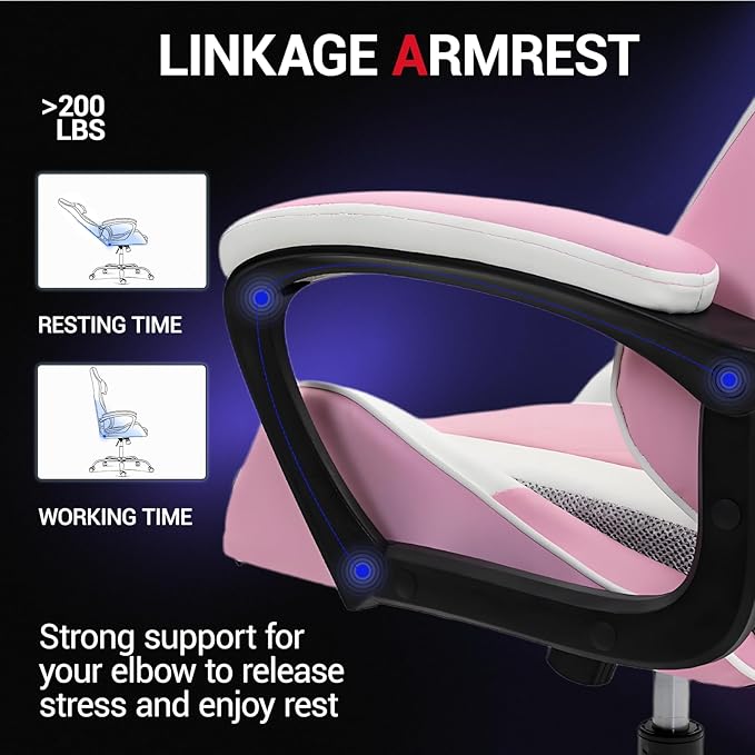 Gaming Chair PU Leather Massage PC Video Game Chair with Lumbar Support for Men Women Home Office Height Adjustable Ergonomic High Back Pink