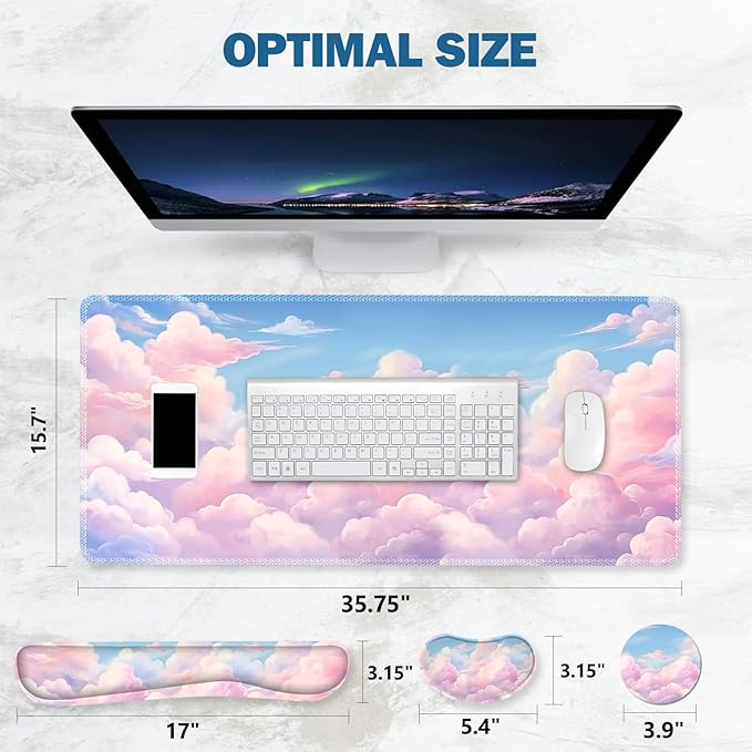 ToLuLu Large Mouse Pad Desk Pad Set Wrist Rest Support Desk Mat for Keyboard and Mouse 4PCS 35.4”x15.7 XXL Giant Mouse Pad Non-Slip Base Stitched Edges Mousepad for Home Office Dreamy Clouds