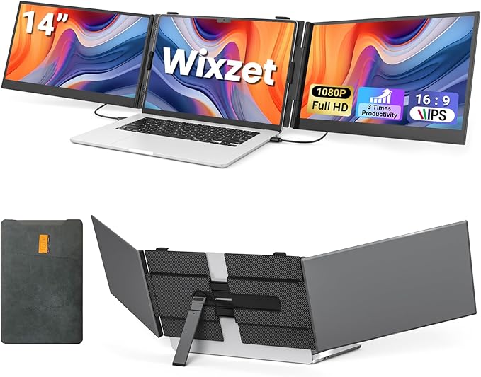 14 Triple Laptop Screen Extender Ultra-Thin FHD 1080P Portable Monitor 2.2lbs Lightweight Plug &amp Play Travel Monitor for 13-17 Laptops Compatible with Windows/Mac/Android/Chrome