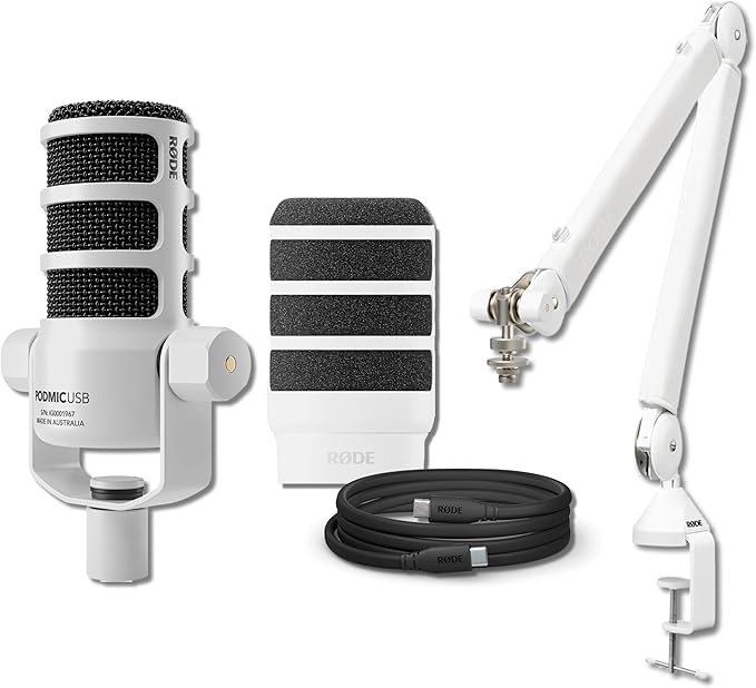 Rode PodMic USB Dynamic Broadcast Microphone (White) with Rode PSA1+ White Broadcast Microphone Boom Arm WS14 Pop Filter SC27 USB-C to USB-C Cable and XLR Cable
