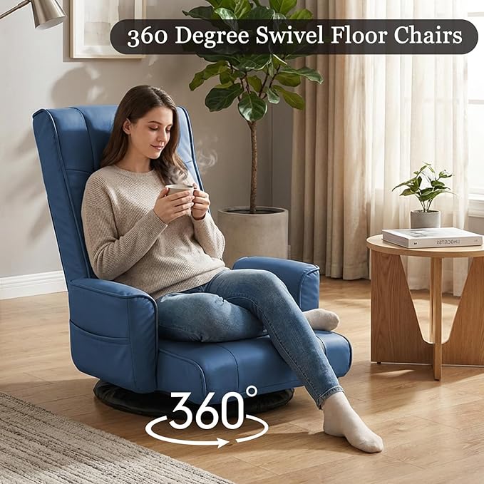 FLOGUOR 360° Swivel Gaming Floor Chair with Armrests – 14-Position Adjustable Folding Floor Sofa Lounger Padded Backrest Multi-Angle Recline for Home Living Room &amp Office (Blue)
