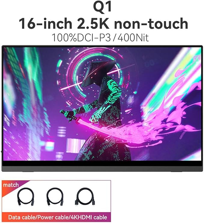 EHOMEWEI Q1 16 QLED 2560 * 1600 Resolution Portable Monitor Display 16:10 1500:1 Type-C Cable Connection Second External Screen Laptop Office/Gaming Monitor for Laptop PC Gaming Consoles