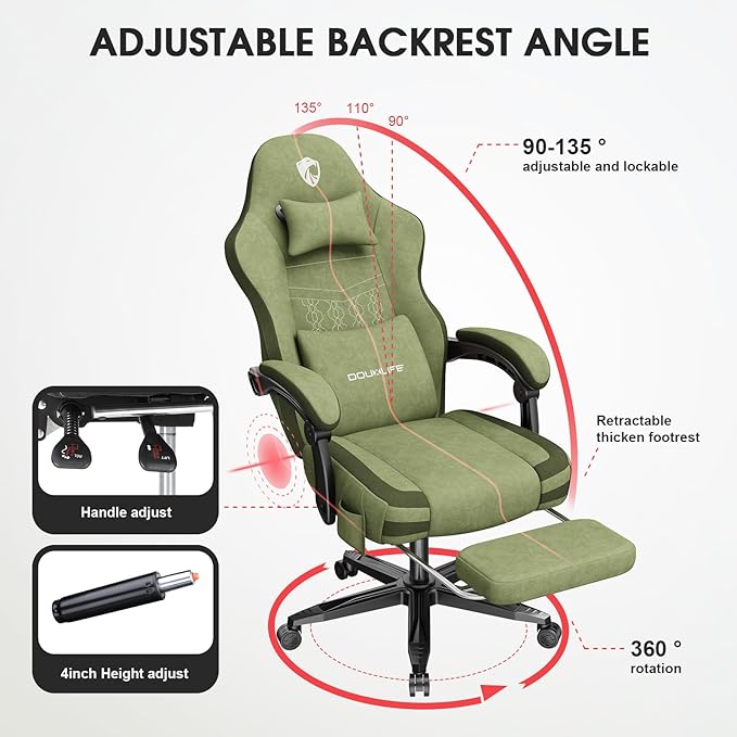 Gaming Chair Fabric Computer Office Chair with Massage Ergonomic Chair with Footrest Lumbar Support Pocket Spring Widened Cushion Metal Legs 350LBS Dark Green